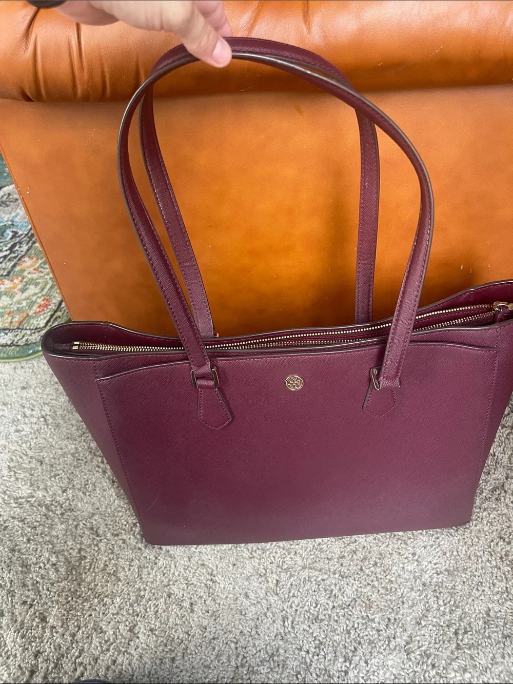 Tory Burch Wine Saffiano Leather Tote with Gold Logo